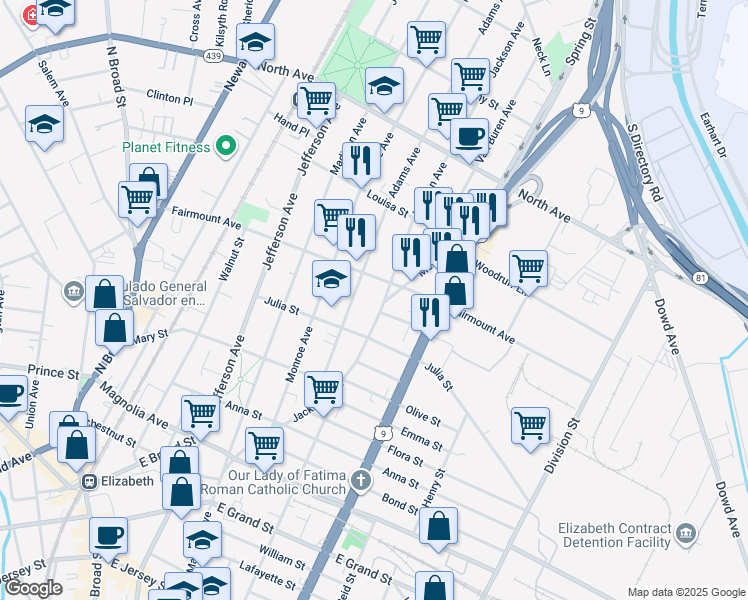 map of restaurants, bars, coffee shops, grocery stores, and more near 587 Adams Avenue in Elizabeth