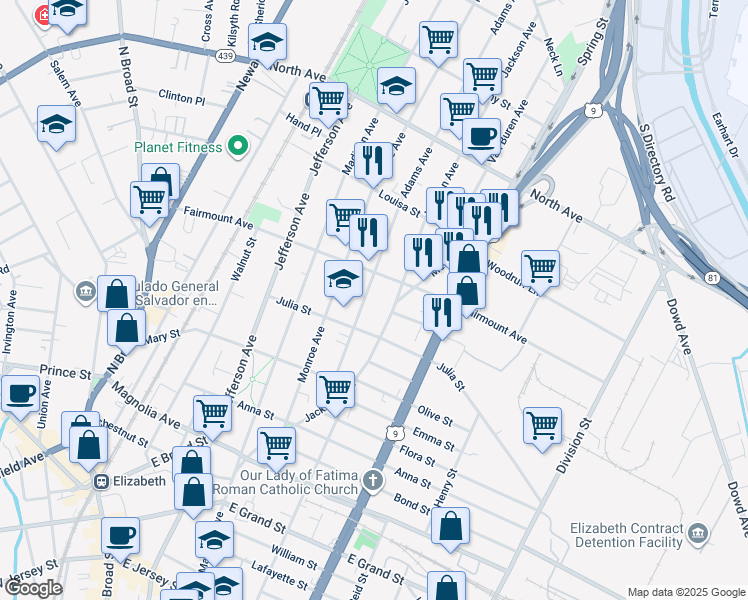 map of restaurants, bars, coffee shops, grocery stores, and more near 587 Adams Avenue in Elizabeth