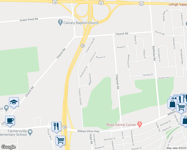 map of restaurants, bars, coffee shops, grocery stores, and more near 3626 Magnolia Drive in Easton
