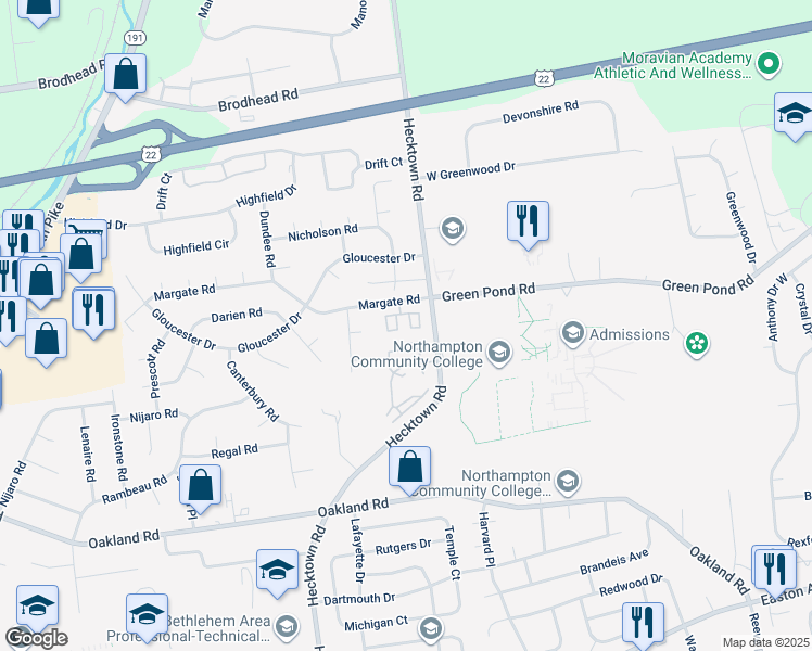 map of restaurants, bars, coffee shops, grocery stores, and more near 3721 Amherst Court in Bethlehem