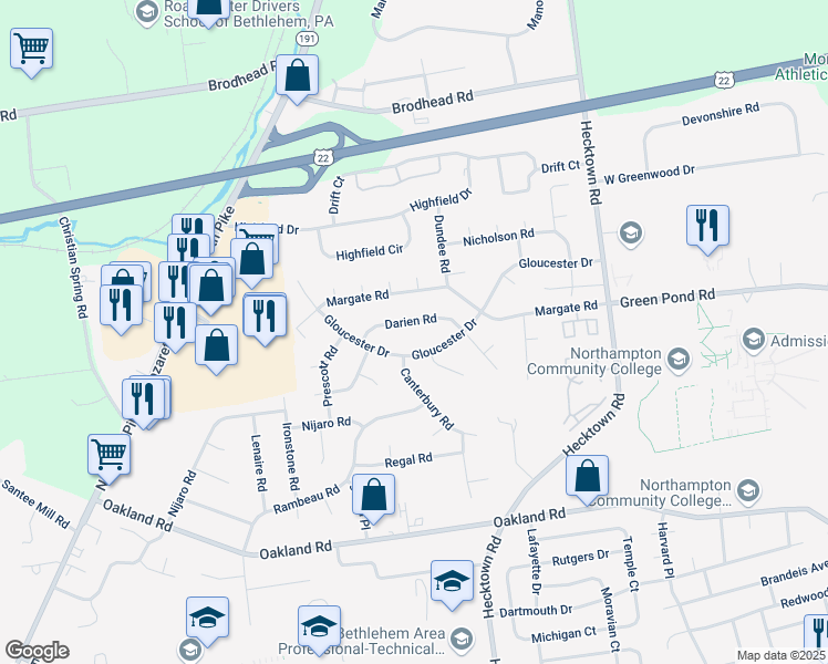 map of restaurants, bars, coffee shops, grocery stores, and more near 3306 Darien Road in Bethlehem