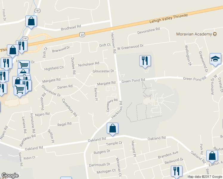 map of restaurants, bars, coffee shops, grocery stores, and more near 3721 Amherst Court in Bethlehem