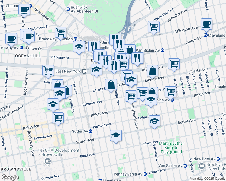 map of restaurants, bars, coffee shops, grocery stores, and more near 300 Liberty Avenue in Brooklyn