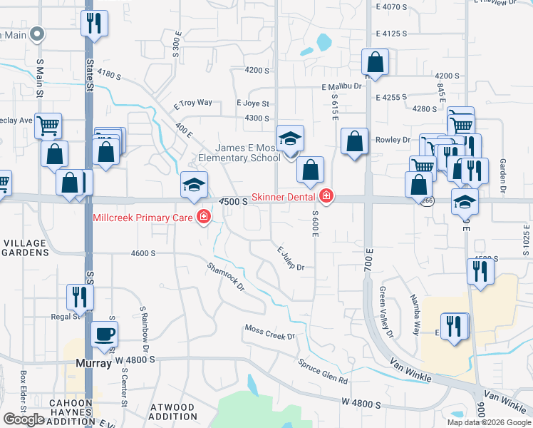 map of restaurants, bars, coffee shops, grocery stores, and more near 4520 South Julep Drive in Murray