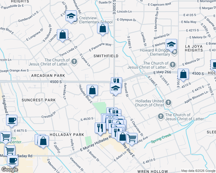 map of restaurants, bars, coffee shops, grocery stores, and more near 2270 East 4500 South in Holladay