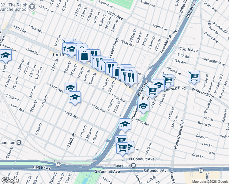 map of restaurants, bars, coffee shops, grocery stores, and more near 134-46 232nd Street in Queens