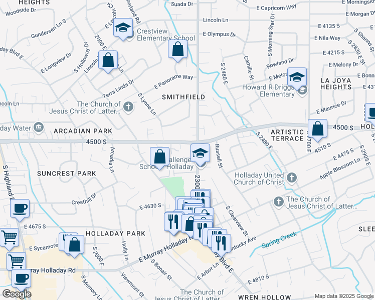 map of restaurants, bars, coffee shops, grocery stores, and more near 2270 East 4500 South in Holladay