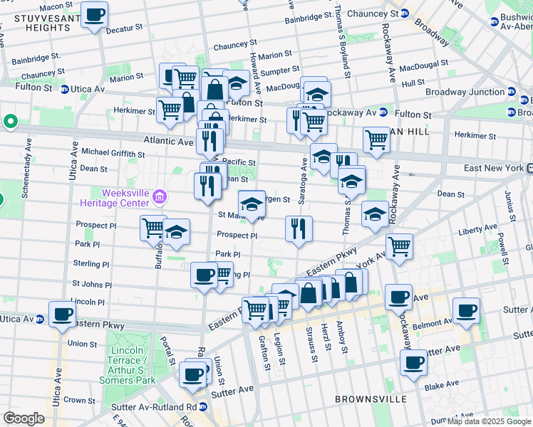 map of restaurants, bars, coffee shops, grocery stores, and more near 1894 Bergen Street in Brooklyn