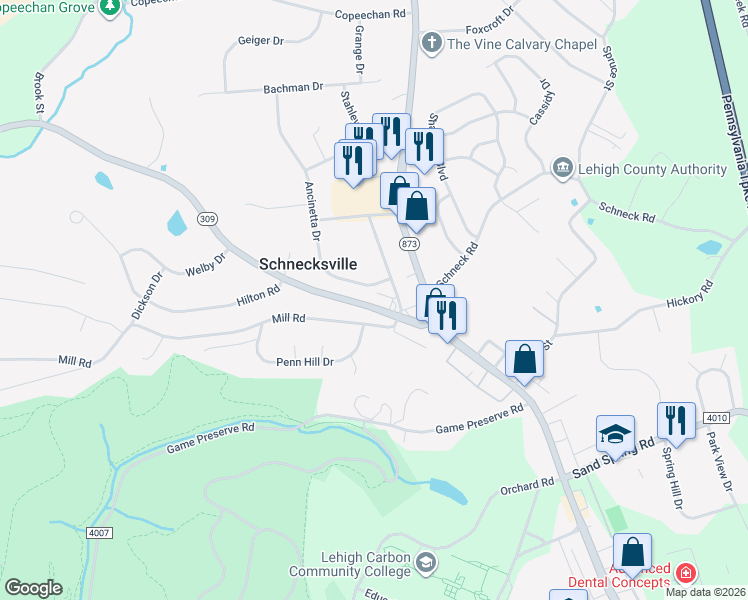 map of restaurants, bars, coffee shops, grocery stores, and more near 4917 Pennsylvania 309 in Schnecksville