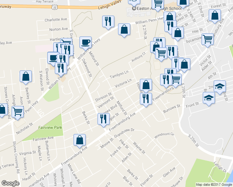map of restaurants, bars, coffee shops, grocery stores, and more near 2820 Division Street in Easton