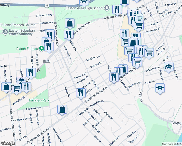map of restaurants, bars, coffee shops, grocery stores, and more near 2820 Division Street in Easton