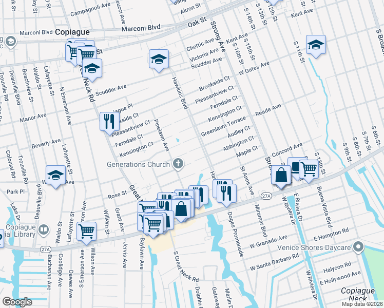 map of restaurants, bars, coffee shops, grocery stores, and more near 135 Audley Court in Copiague