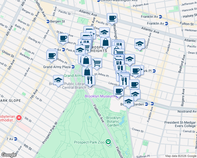 map of restaurants, bars, coffee shops, grocery stores, and more near 340 Saint Johns Place in Brooklyn