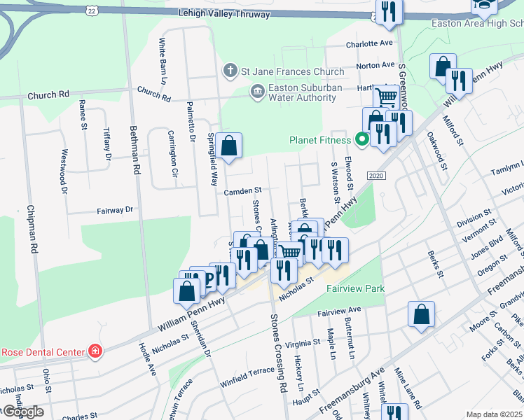 map of restaurants, bars, coffee shops, grocery stores, and more near 407 Stones Crossing Road in Easton
