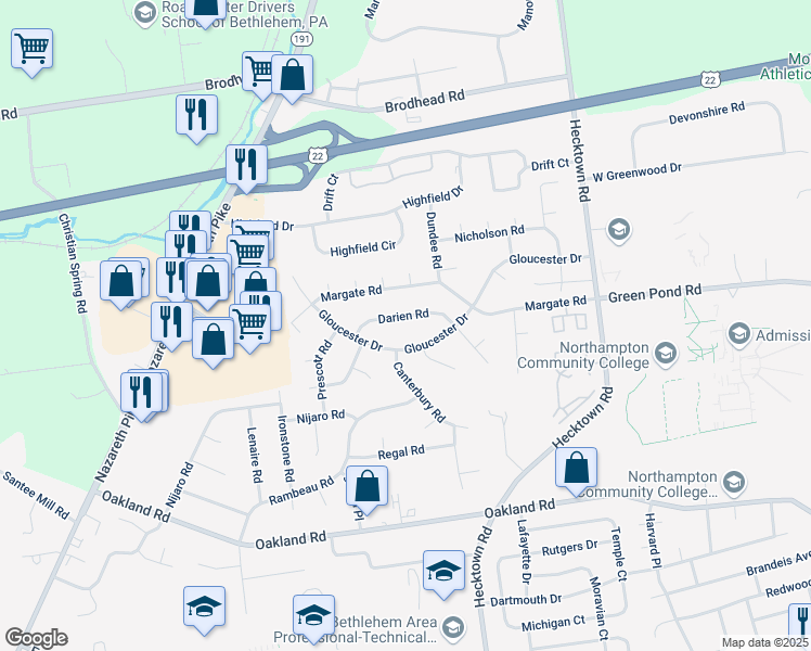 map of restaurants, bars, coffee shops, grocery stores, and more near 3306 Darien Road in Bethlehem