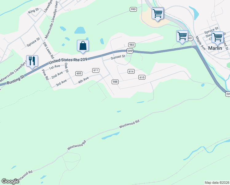 map of restaurants, bars, coffee shops, grocery stores, and more near 1 West West Avenue in Pottsville