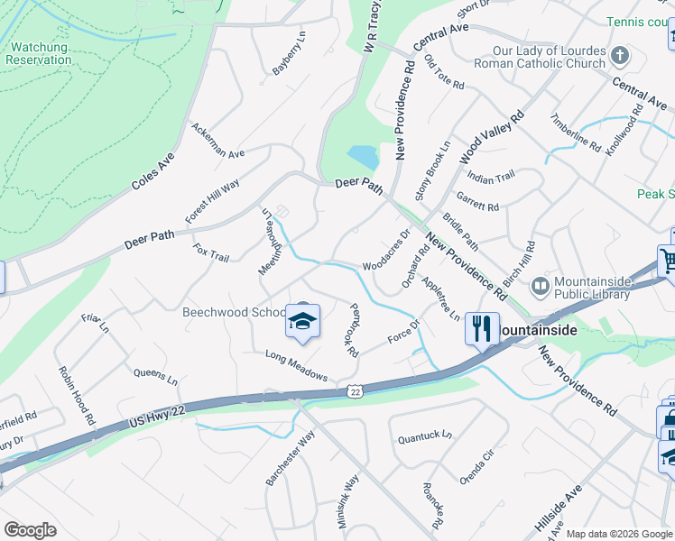 map of restaurants, bars, coffee shops, grocery stores, and more near 1461 Woodacres Dr in Mountainside