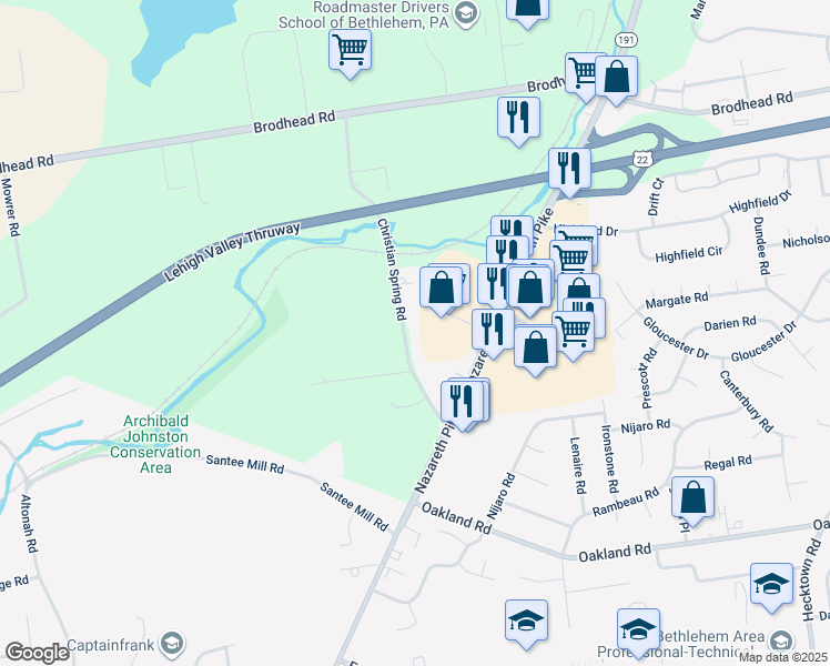 map of restaurants, bars, coffee shops, grocery stores, and more near 3820 Christian Spring Road in Bethlehem