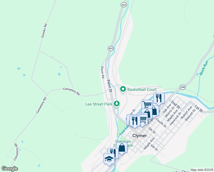 map of restaurants, bars, coffee shops, grocery stores, and more near 79 Dixon Road in Clymer