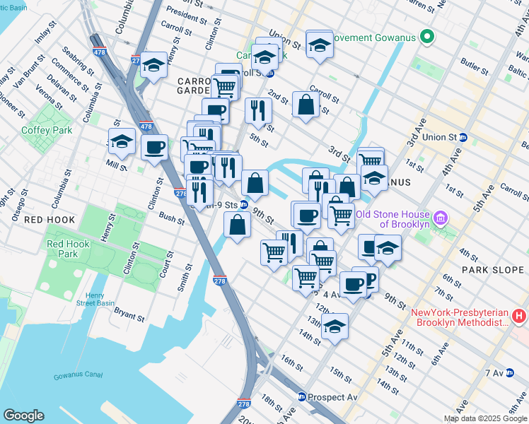 map of restaurants, bars, coffee shops, grocery stores, and more near 65 9th Street in Brooklyn