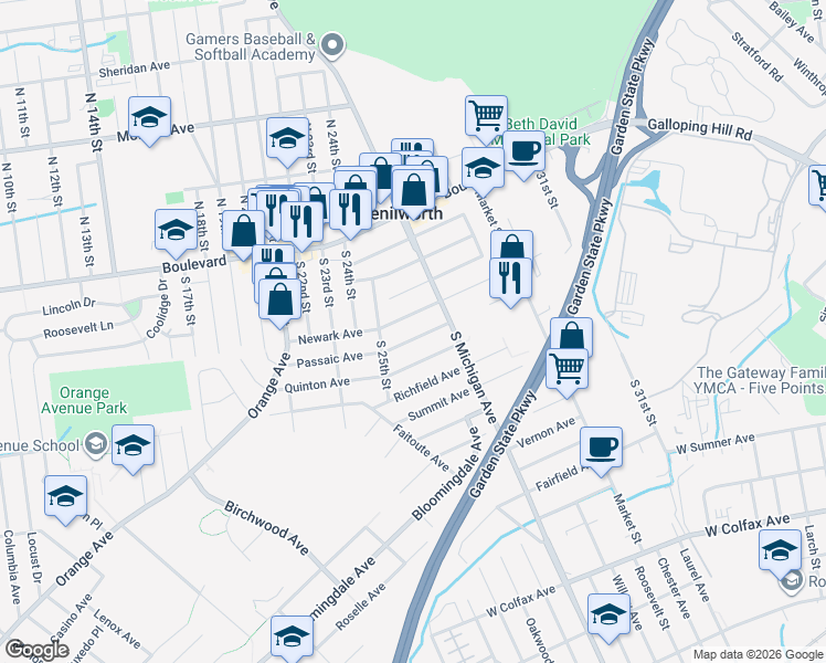 map of restaurants, bars, coffee shops, grocery stores, and more near 649 Newark Avenue in Kenilworth