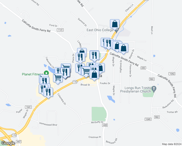 map of restaurants, bars, coffee shops, grocery stores, and more near 15573 Ohio 170 in Calcutta