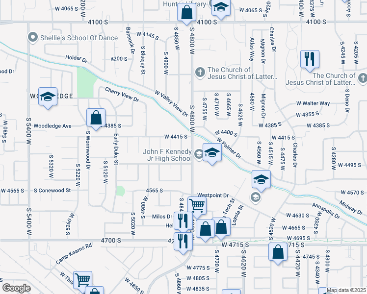 map of restaurants, bars, coffee shops, grocery stores, and more near 4445 Honeywood Lane in West Valley City