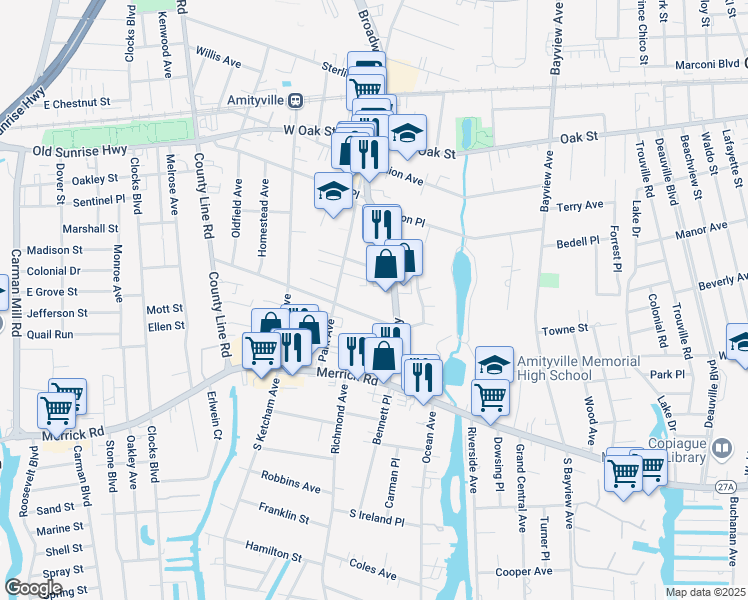 map of restaurants, bars, coffee shops, grocery stores, and more near 82B Broadway in Amityville