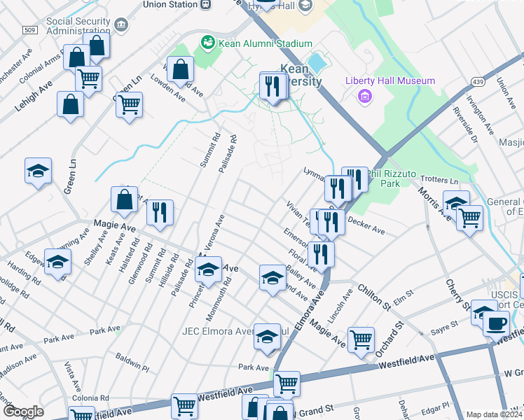 map of restaurants, bars, coffee shops, grocery stores, and more near 809 Emerson Avenue in Elizabeth