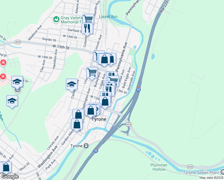 map of restaurants, bars, coffee shops, grocery stores, and more near 1277-1299 Pennsylvania Avenue in Tyrone