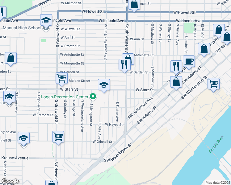 map of restaurants, bars, coffee shops, grocery stores, and more near 1300 South Faraday Avenue in Peoria