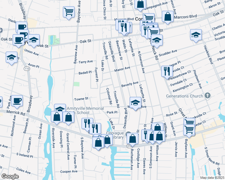 map of restaurants, bars, coffee shops, grocery stores, and more near 48 Beverly Avenue in Copiague