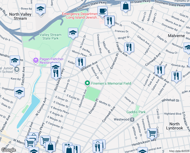map of restaurants, bars, coffee shops, grocery stores, and more near 160 Albermarle Avenue in Valley Stream