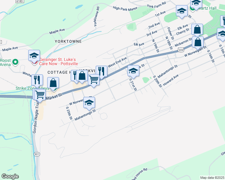 map of restaurants, bars, coffee shops, grocery stores, and more near 18 South 22nd Street in Pottsville