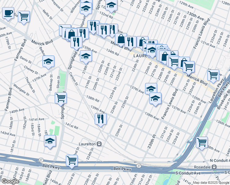 map of restaurants, bars, coffee shops, grocery stores, and more near 137-25 223rd Street in Queens