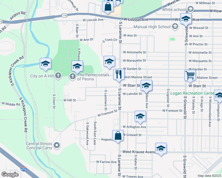 map of restaurants, bars, coffee shops, grocery stores, and more near 3101-3117 W Starr St in Peoria