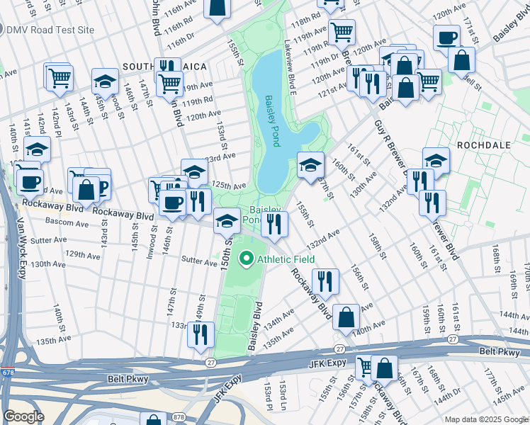 map of restaurants, bars, coffee shops, grocery stores, and more near Baisley Boulevard in Queens