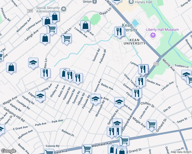 map of restaurants, bars, coffee shops, grocery stores, and more near 411 Palisade Road in Union