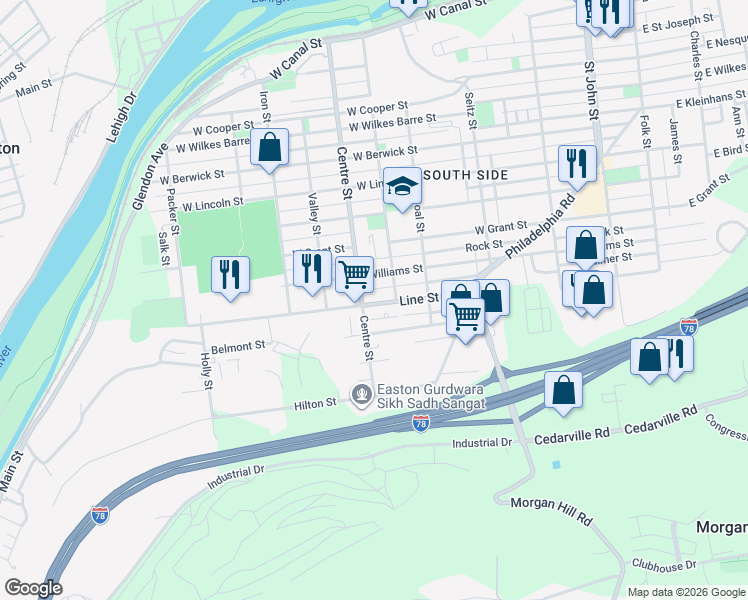 map of restaurants, bars, coffee shops, grocery stores, and more near 923 Centre Street in Easton