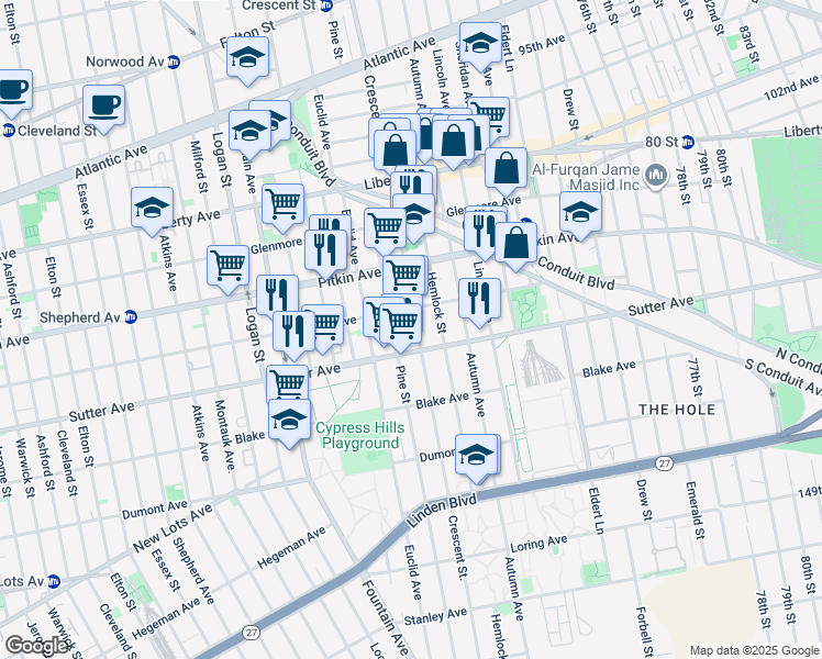map of restaurants, bars, coffee shops, grocery stores, and more near 469 Pine Street in Brooklyn