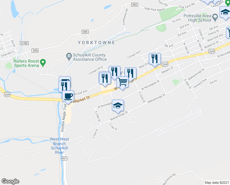 map of restaurants, bars, coffee shops, grocery stores, and more near 2275 West Market Street in Pottsville