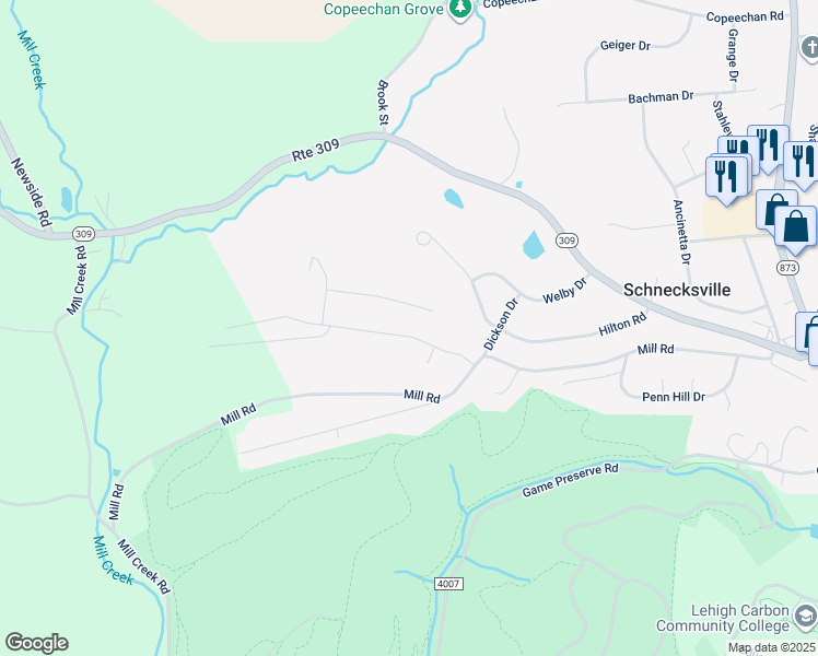 map of restaurants, bars, coffee shops, grocery stores, and more near 4941 Glenview St in Schnecksville