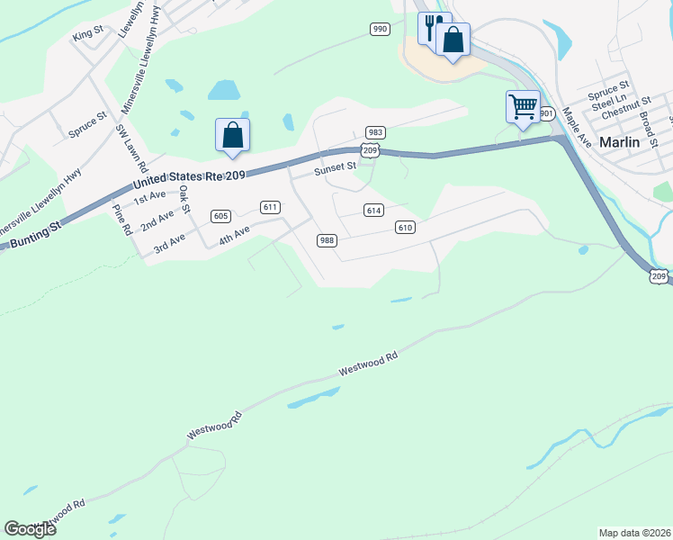 map of restaurants, bars, coffee shops, grocery stores, and more near 1 West West Avenue in Pottsville