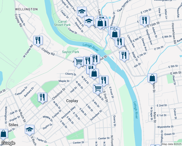 map of restaurants, bars, coffee shops, grocery stores, and more near 37 North 2nd Street in Coplay
