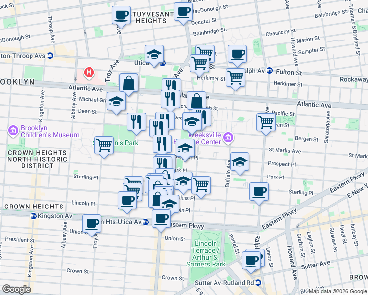 map of restaurants, bars, coffee shops, grocery stores, and more near 1228 Saint Marks Avenue in Brooklyn