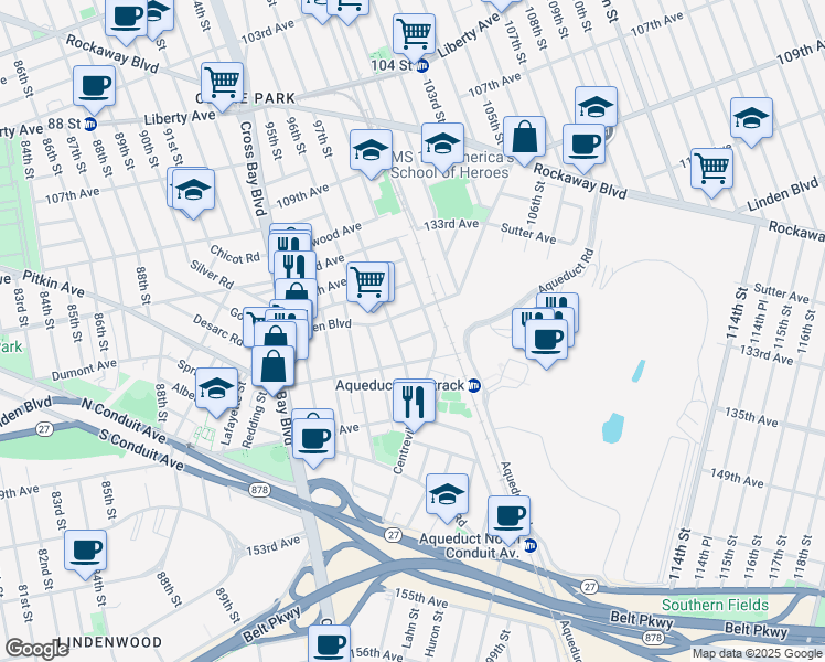 map of restaurants, bars, coffee shops, grocery stores, and more near 97-17 135th Road in Queens