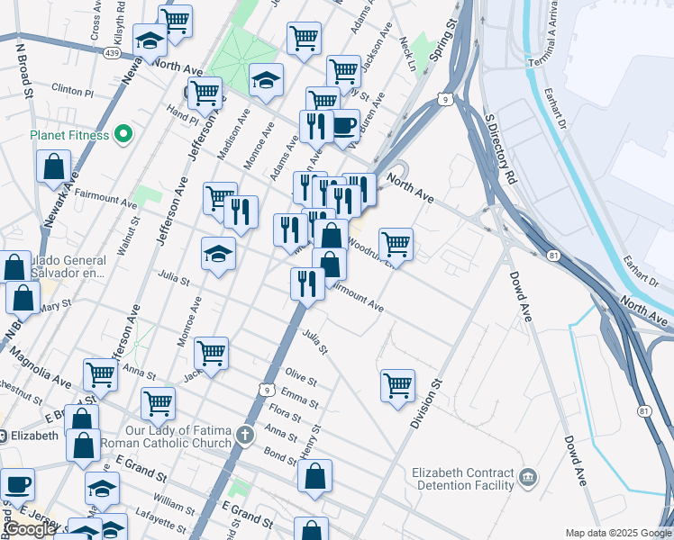map of restaurants, bars, coffee shops, grocery stores, and more near 603 Spring Street in Elizabeth