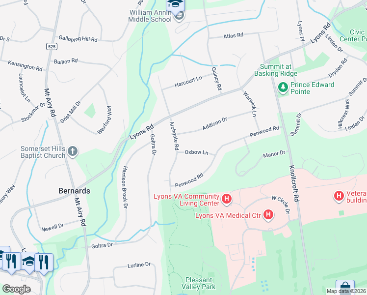 map of restaurants, bars, coffee shops, grocery stores, and more near 30 Archgate Road in Basking Ridge