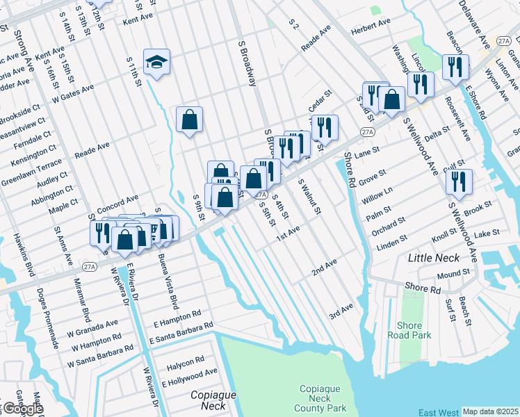 map of restaurants, bars, coffee shops, grocery stores, and more near 624 South 5th Street in Lindenhurst