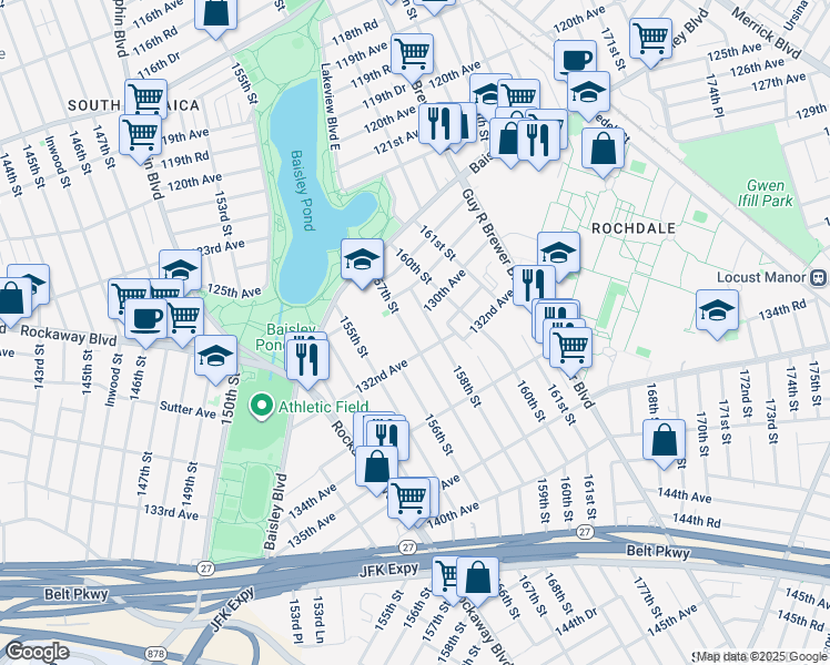 map of restaurants, bars, coffee shops, grocery stores, and more near 130-19 158th Street in Queens